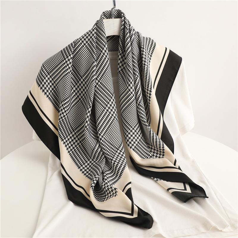 Temperament Silk Scarf Women's 91cm Twill Silk Headscarf Simple Large Square Scarf Sun Protection Decorative Shawl Thousand Birds Plaid Scarf