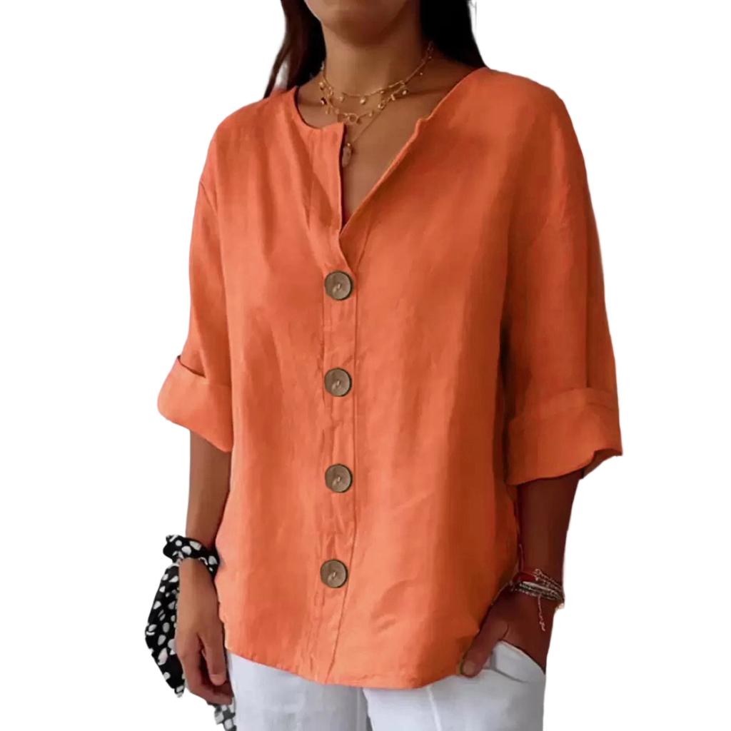 Women's Fashion Casual V,Neck Buttoned 3/4 Sleeve Cotton Linen Top