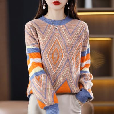 Autumn and Winter New Jacquard Thickened Contrasting Color Knitted Sweater Round Neck Casual Loose Lazy Bubble Sleeve Sweater Women
