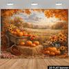 2D plane fairy tale autumn harvest background fabric orange pumpkins hay stacks wooden handcart sunflowers.PMJ