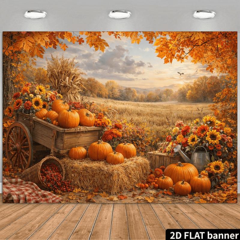 2D plane fairy tale autumn harvest background fabric orange pumpkins hay stacks wooden handcart sunflowers.PMJ
