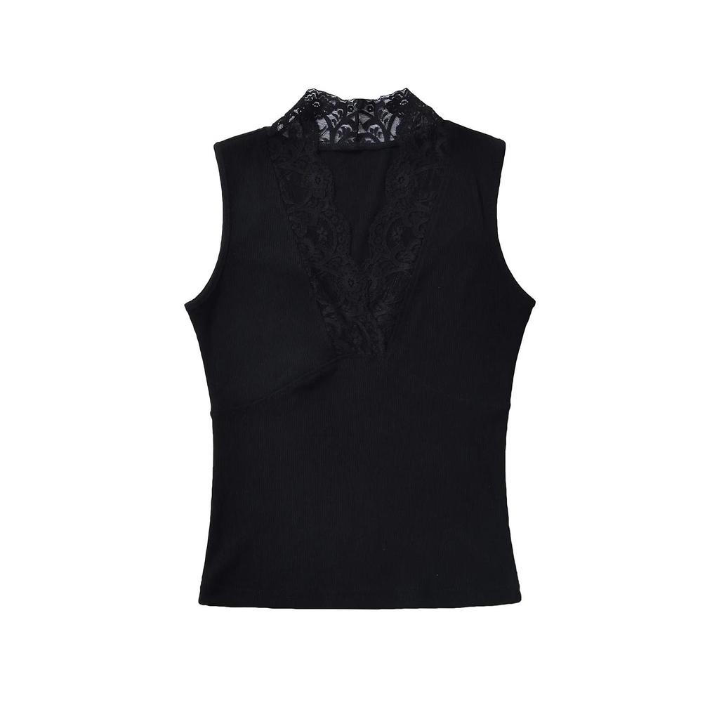 Lace V-Neck Ribbed Cotton Camisole: High-Elastic Slimming Tank for Spring/Summer 2025