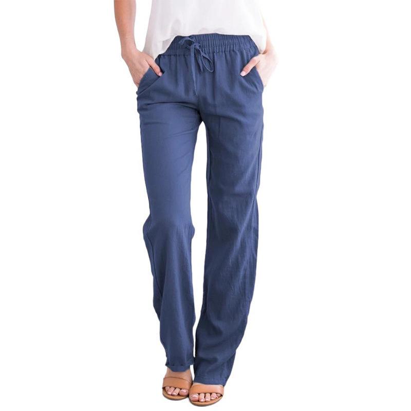 2026 Spring/Summer Women's Solid Color Cotton Linen Drawstring Wide-Leg Casual Pants