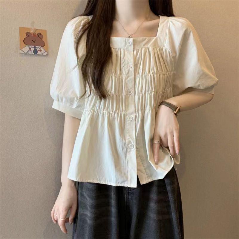 

Женская рубашка в корейском стиле с рукавами-фонариками, уникальный плиссированный дизайн на груди, женский топ, летняя короткая однотонная универсальная короткая рубашка 2XL