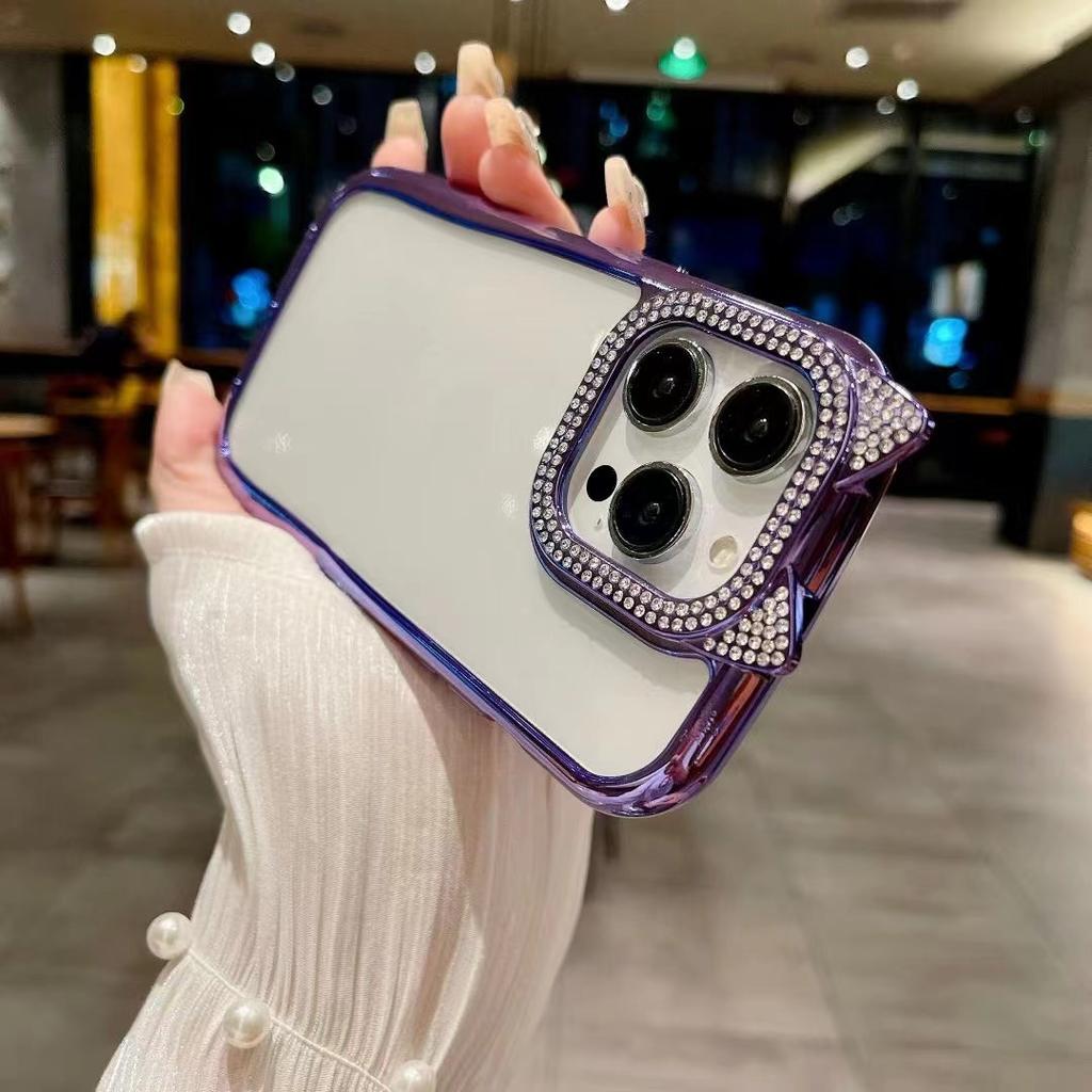 Diamentowe Uszy Kota Odpowiednie do Etui na Telefon IPhone16 Gradientowy Brokatowy Puder Apple 15 All Inclusive 14ProMax Miękkie Etui 13