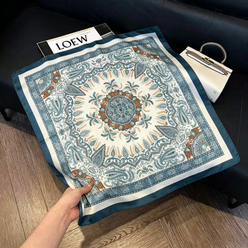 Sen green flower print fresh imitation silk scarf premium versatile square scarf neck protection scarf trendy headscarf scarf women
