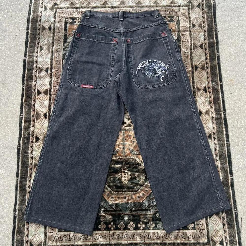 Jeans Harajuku com padrão bordado hip-hop solto grande, tendência da moda americana Y2K, jeans solto masculino, calças largas de rua