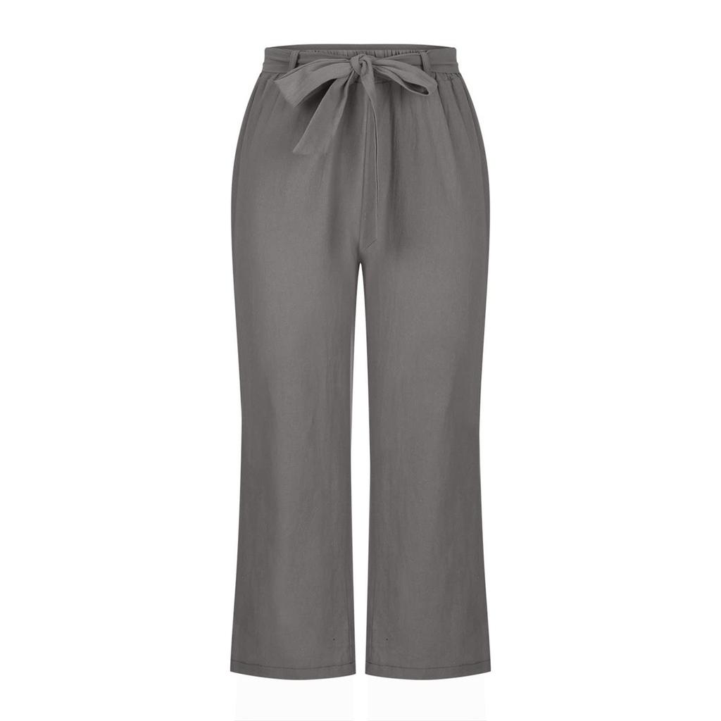 Loose Linen Pants For Women Casual Summer Elastic Tie Waist Pants Wide Leg Cropped Trousers With Pockets