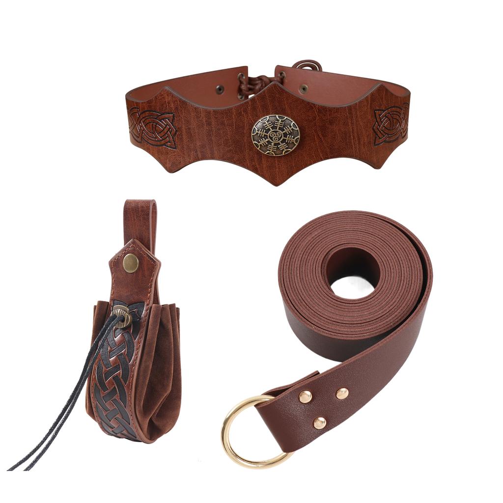 3PCS Medieval Cosplay Copper Coin Waist Bag Renaissance Vintage Leather Belt Halloween Role Playing Headwear Accessories Set
