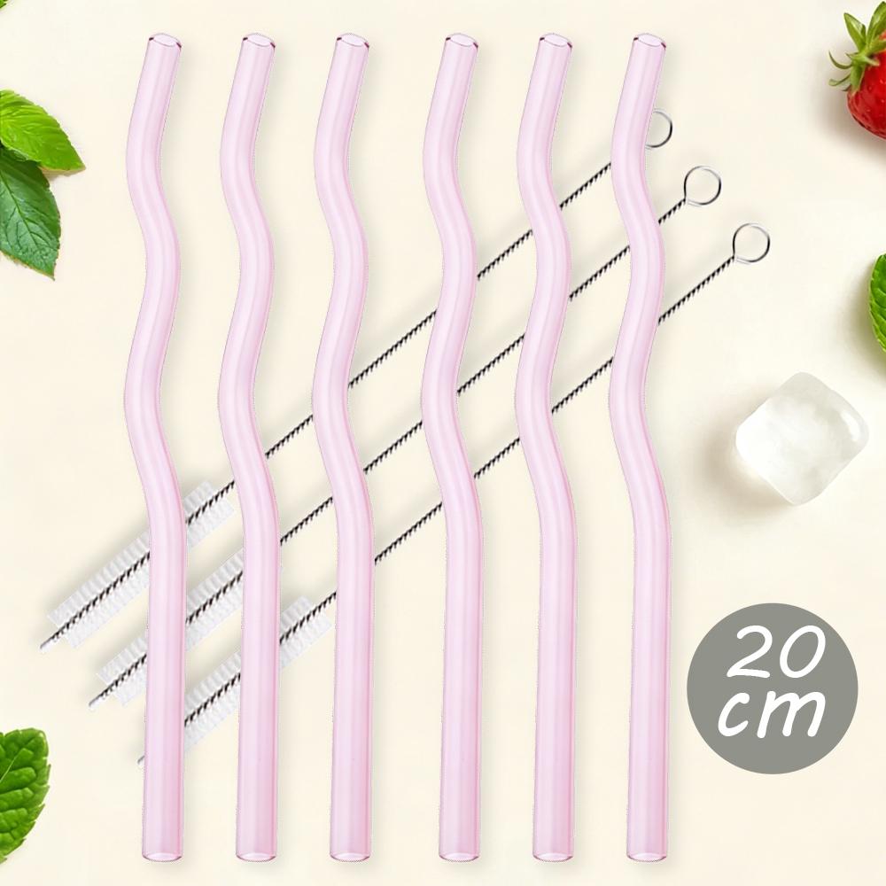 6Pcs Pink 200*8mm Glass Straws Wavy Drinking Straw Set with 3 Brush High Borosilicate Glass Straw Kitchen Party Bar Drinkware