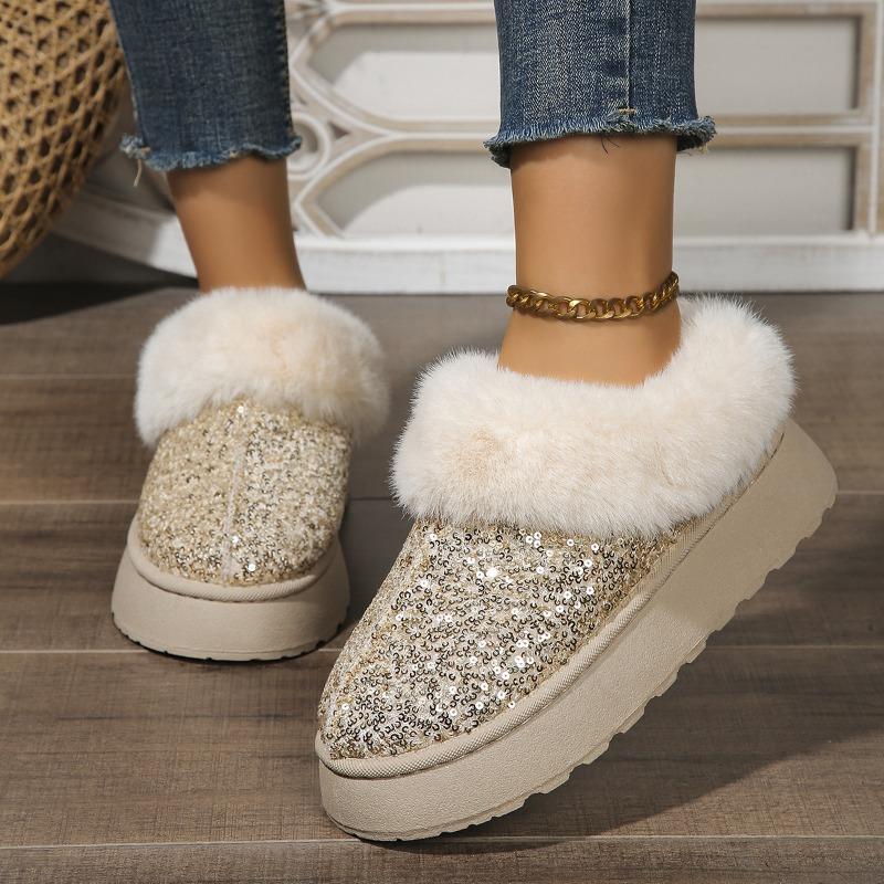 Women's Plus Size New Autumn Winter Chunky Sole Thickened Furry Snow Boots Sequin Upper