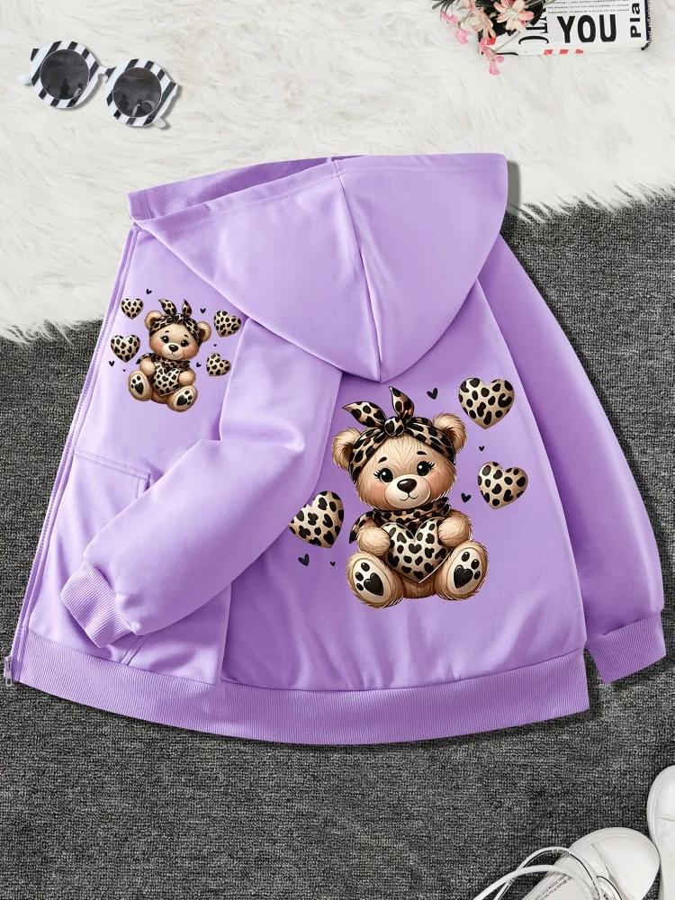 Kids Black Zip Up Hoodie Leopard Print Bear And Heart Graphic Front And Back Pattern Long Sleeve Pocket Girls Hooded Jacket
