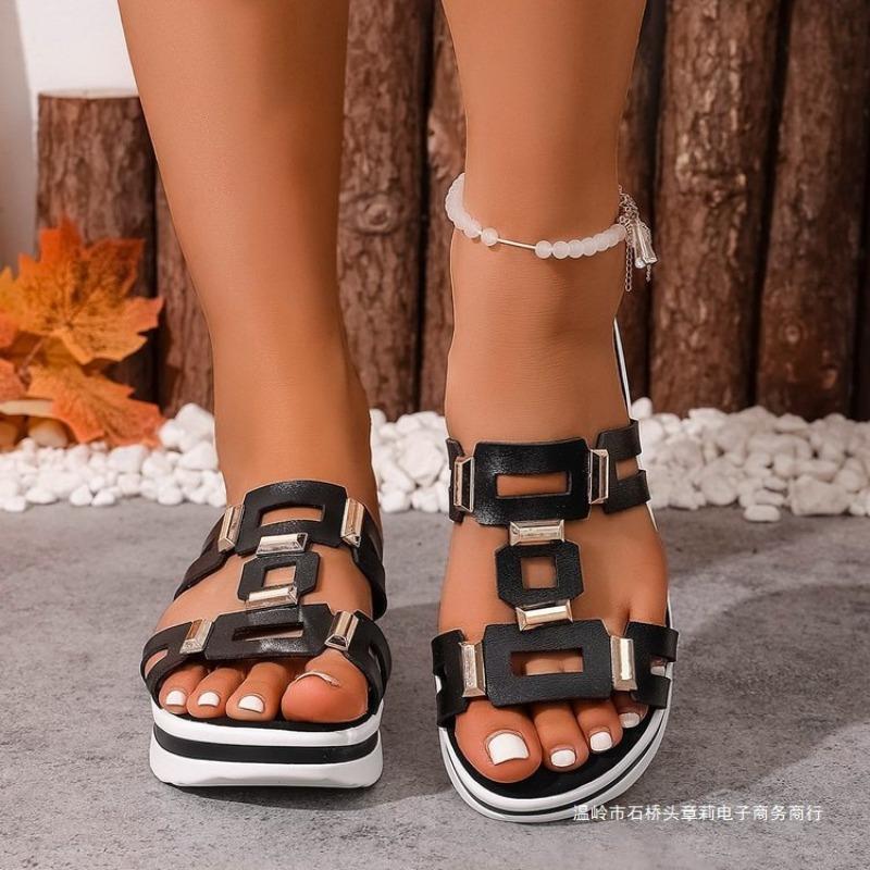 New Double-breasted Muffin Thick-bottomed One-word Slippers for Women's Leisure Going Out On the Beach Cool Slippers for Women