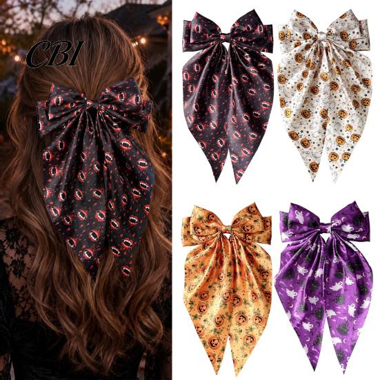 Stylish Halloween Hair Ornaments Large Bows for Women Girls, Vintage Ribbon Barrette Clips with Long Cute Retro Tails, Ghost/Pumpkin/Blood Mouth Print