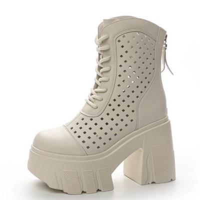 Mode Haute qualité 11CM Hauteur Femmes Été Bottes de moto Talon haut Nouvelles Bottes en maille en cuir véritable Femmes Bottines cool femmes