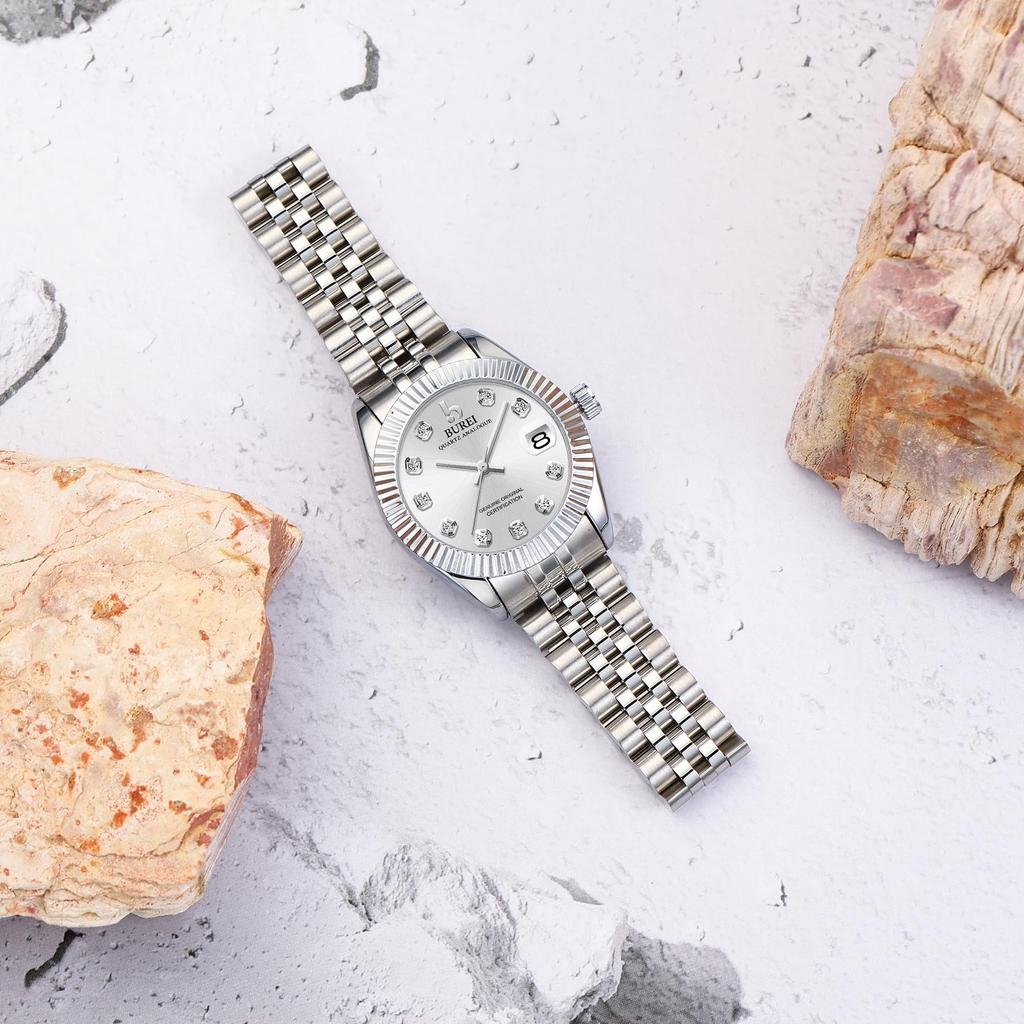 BUREI Women's Watch Japanese Quartz Analog Waterproof Diamond Dial Stainless Steel Business Ladies Watch Popular Stylish Cute Female Gift women watch