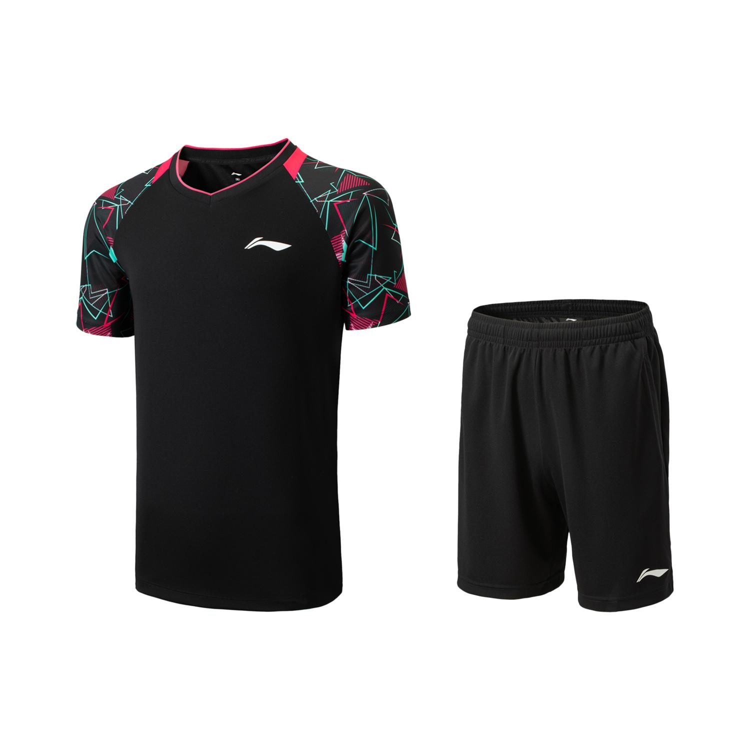 

Li-Ning Badminton Series Colorful Geometric V-Neck Quick-Dry Short Sleeve Simple Tie Shorts Casual Sports Set Unisex Sports Set Black AATV015-1 S