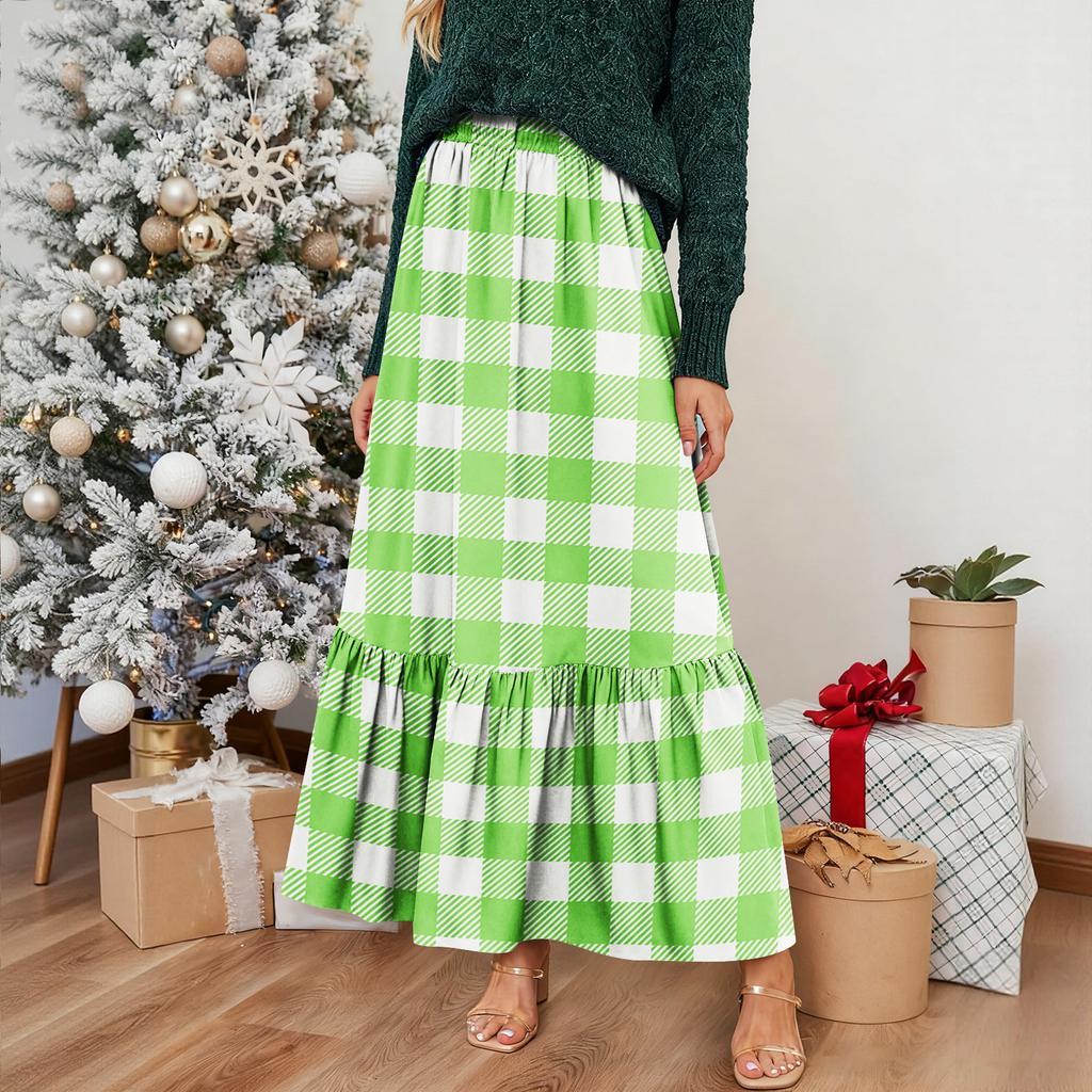Women's Ruffled Casual Long Skirt Plaid Skirt Retro Pleated Skirt