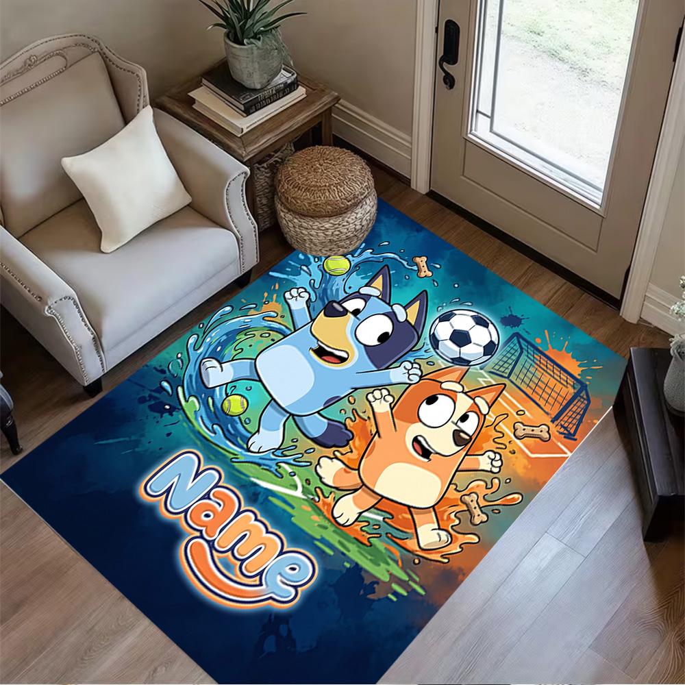 Bluey Soccer Adventure Personalized Text Floor Mat Perfect for Entryway Outdoor Playrooms Dining Room Antislip Carpet Decorate Offices