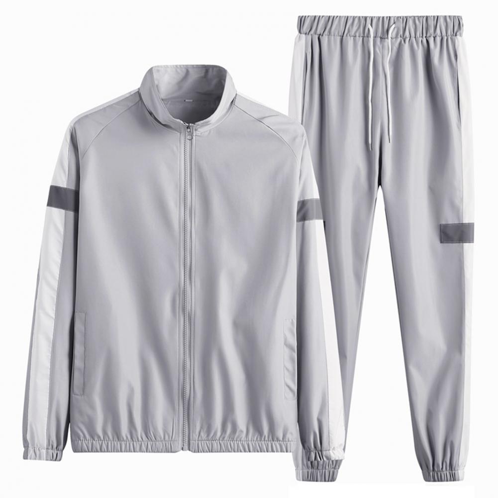 2Pcs/Set Men Sportswear Set Patchwork Color Stand Collar Long Sleeve Zipper Placket Jacket Elastic Waistband Drawstring Sweatpan