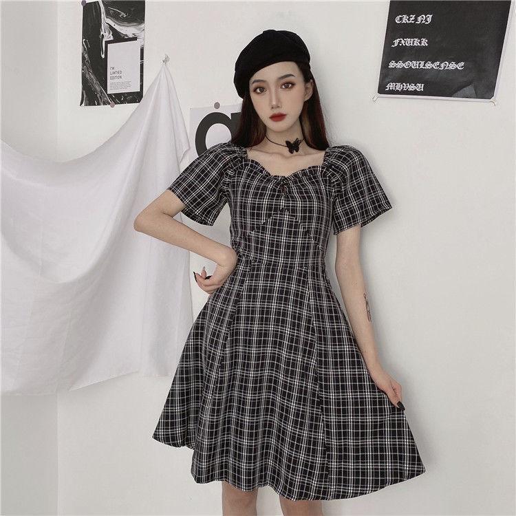 Kleider Frauen Kurzarm Schwarz Plaid Knielangen Hohe Taille A-linie Quadrat Kragen Mädchen Süße Harajuku Streetwear Sommer