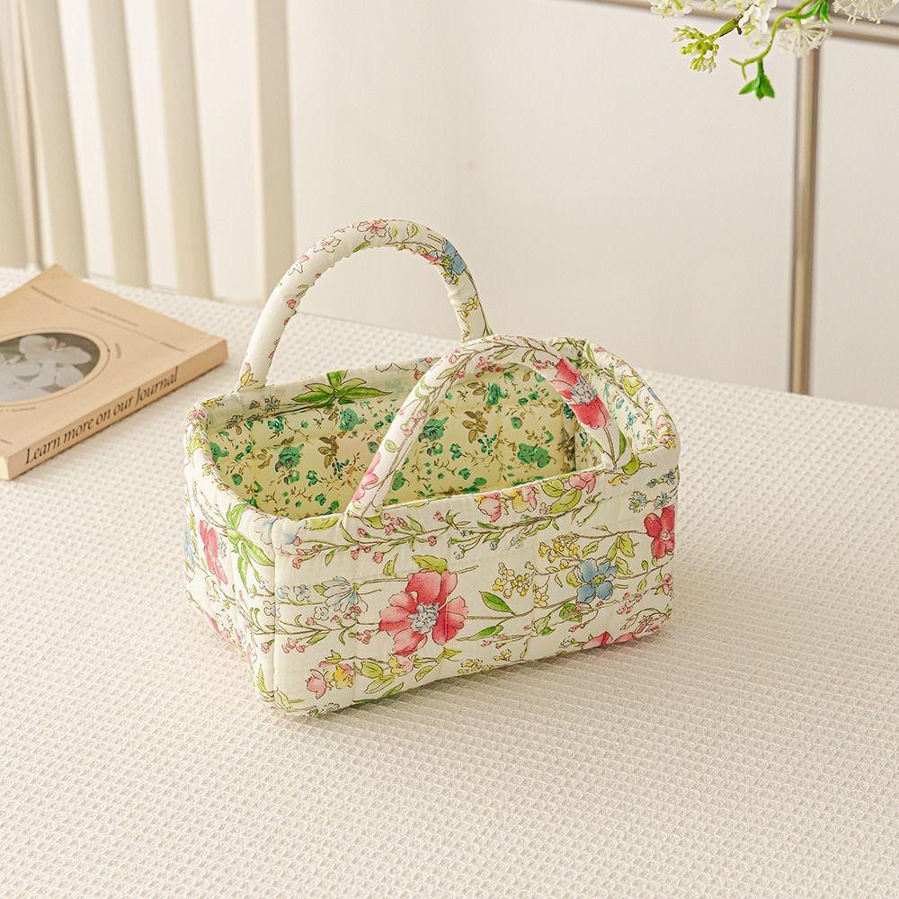 Floral Pattern Storage Basket Foldable Design Quilted Fabric Shopper Bag Cotton Material with Easy Carry Handles