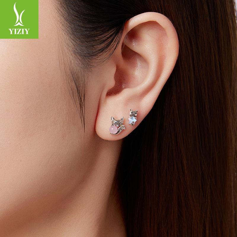 Rosa Fuchs Katze Ohrstecker Damen S925 Sterlingsilber Exquisite Kleine Tier Ohrstecker
