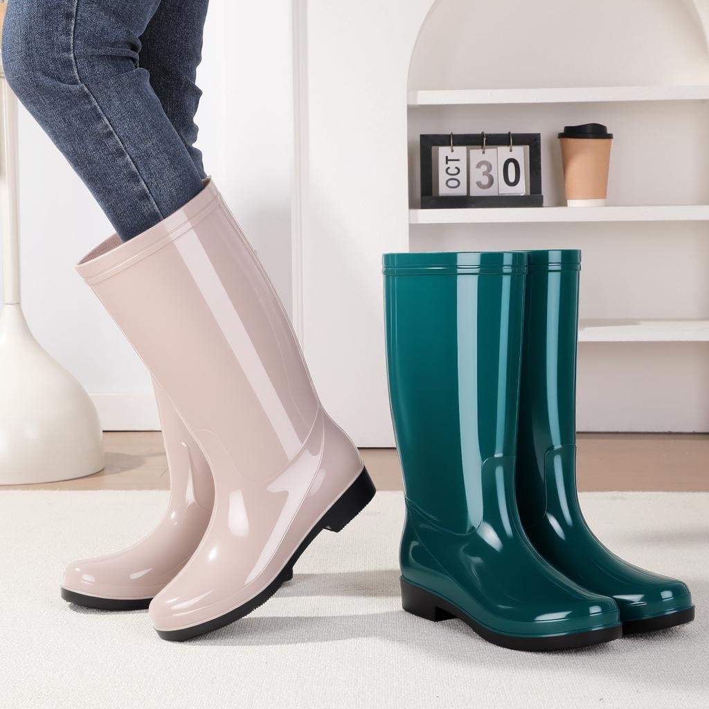New high tube fashion rain shoes women's thick-soled non-slip and wear-resistant kitchen car wash rubber shoes velvet thermal overshoes