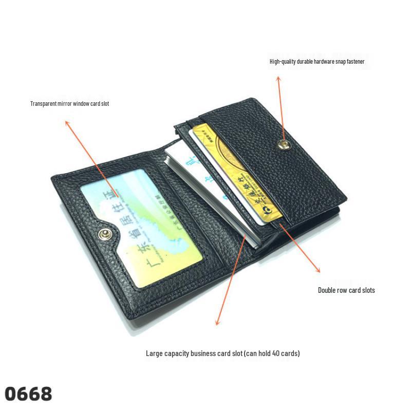 Premium Leather Card Holder: Unisex Cowhide Business Case with Mirror Window, Snap Closure & Coin Purse.