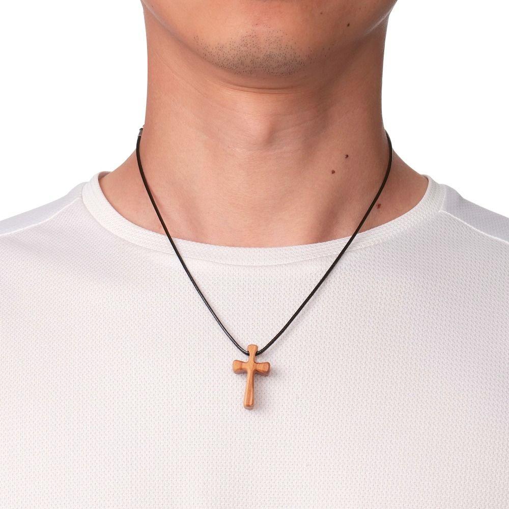 Hand-carved Cross Pendant Leather Rope Neckchain for Prayer Funny Cross Necklaces Church