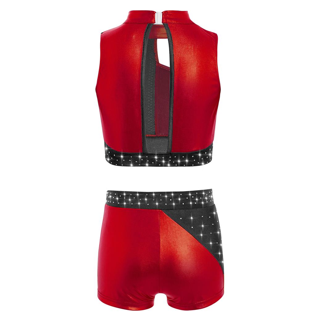 Top Corto da Ragazza con Strass Collo Alto Senza Maniche Blocco di Colore Metallizzato Pantaloncini Outfit Danza Ginnastica