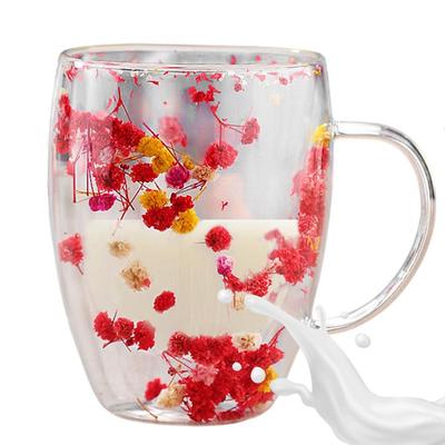 Isolierschicht Blumen Kaffeetasse Doppelwandiges Glas Kaffeetasse Henkel Verbrühschutz Glasbecher Trockenblumen Wärmeisolierbecher