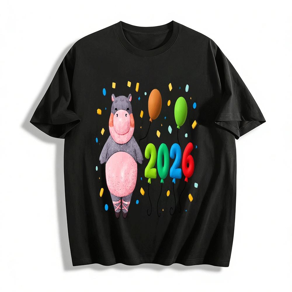 

2026 New Year Cute Hippo Print Casual Unisex Top Pure cotton T-shirt 6XL