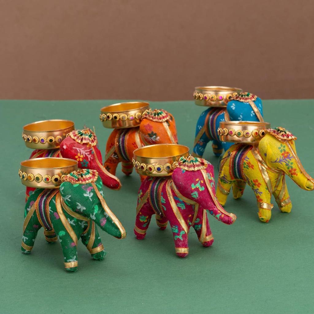 Handcrafted Recycled Material Elephant Tealight Candle Holder Home Decoration Item for Diwali (Multicolor, 8 X 5 X 10 Cm) - Pack of 6, Iron