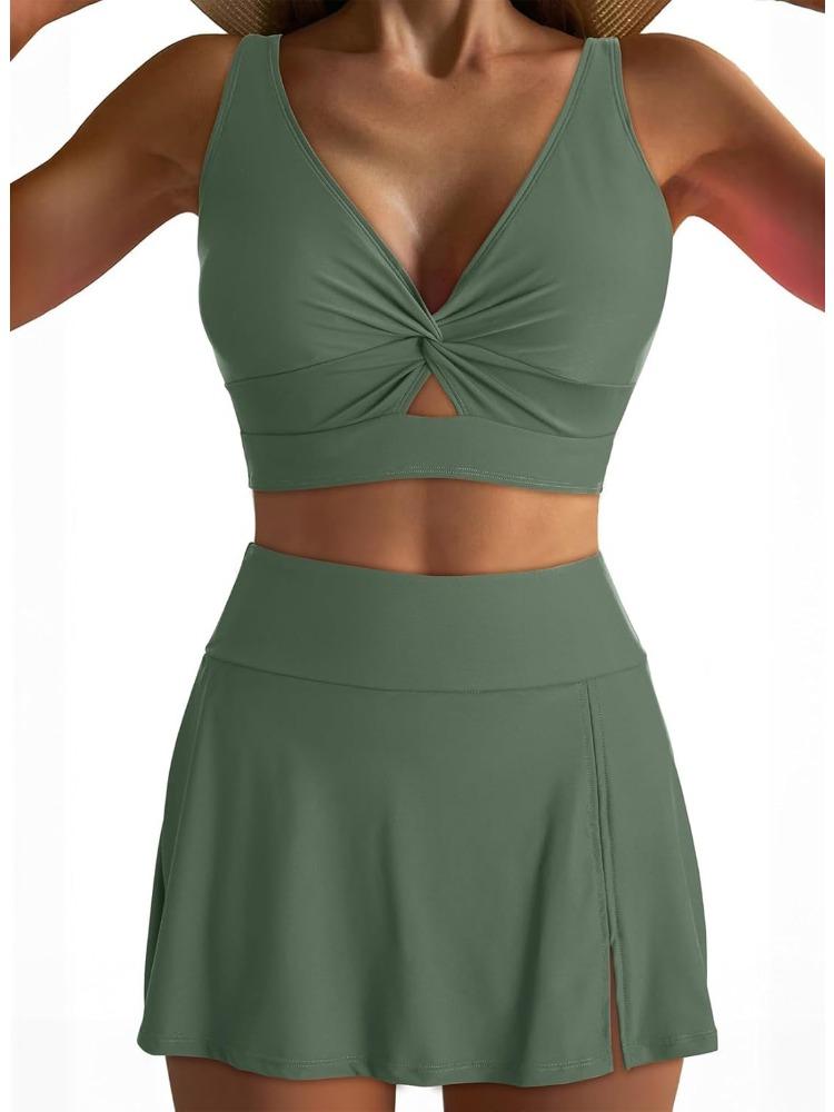 Solid Push Up High Waist Skort Sexy Two Piece Bikini Set Elegant Slimming