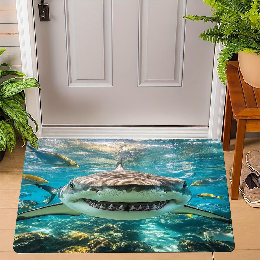 Realistic Shark Pattern Door Mat Fierce Shark Designs Underwater Scene Different Expressions Floor Mat for Home Entrance Decor