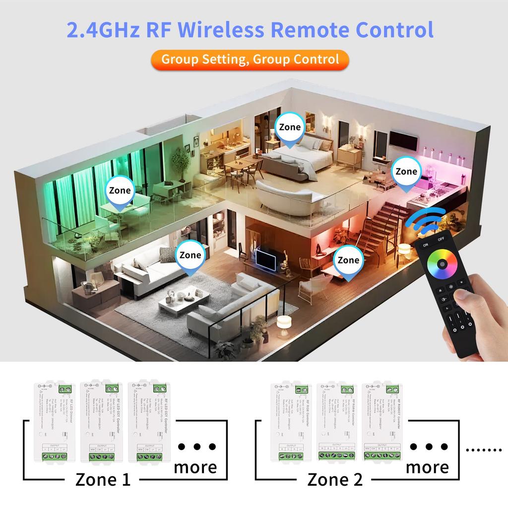 2,4 GHz LED-Controller RF-Fernbedienung für Dimmbare CCT RGB RGBW LED-Streifenleuchten Kabelloser Dimmer COB 2835 5050 LED-Beleuchtung DC12V-24V
