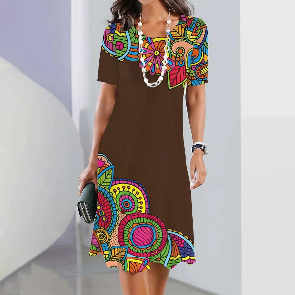 Sukienka w kwiatowy nadruk 3D o kroju A-line Damska Retro Dekolt O-ringowy Krótki rękaw Luźna Letnia Modna Sukienka na imprezę