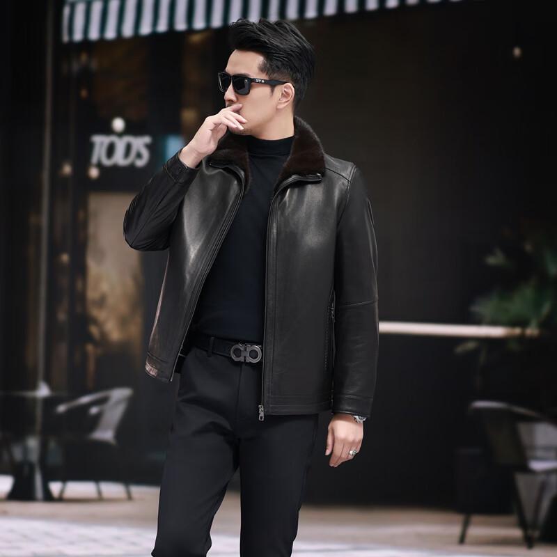 KAISER Men's Goatskin Leather Jacket with Mink Fur Collar