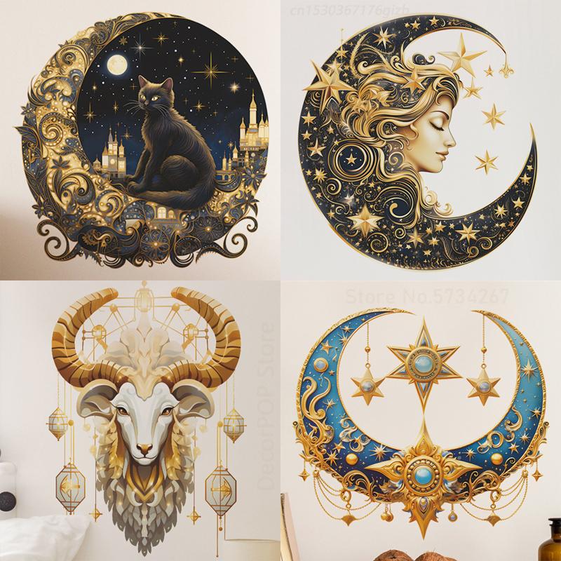 

Акварель Черная Луна Кошка Овца Наклейки на стену Красочные Цветы Звезда Замок Фонарь Рамадан Карим Тиснение Дизайн Ид Наклейки на окна