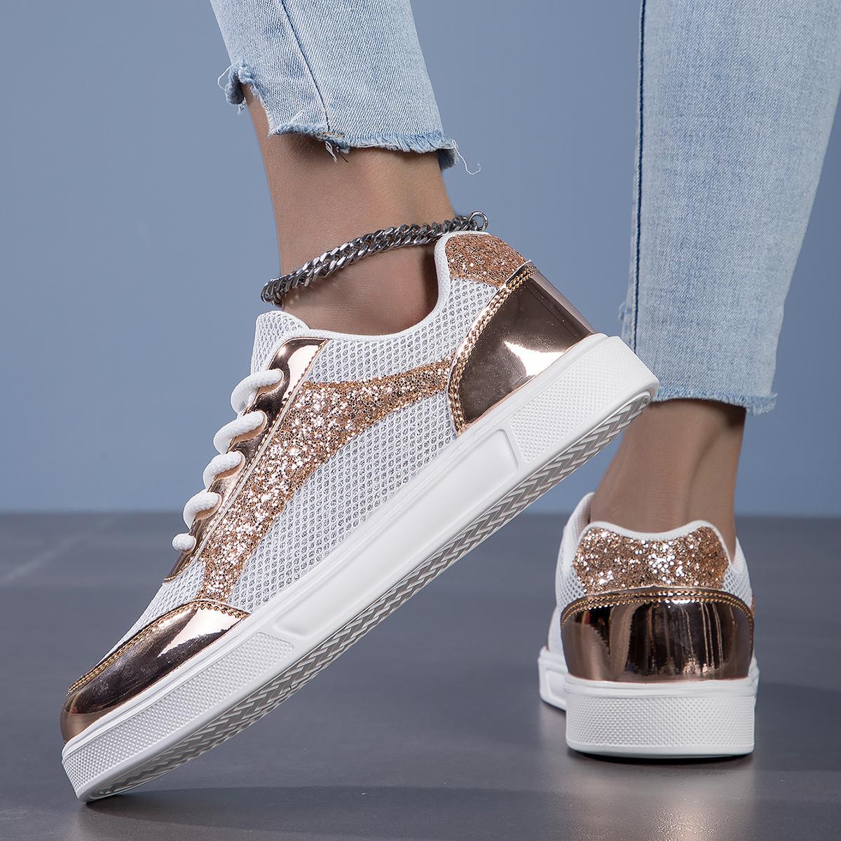 

TUINANLE/женская обувь на платформе, нескользящие массивные кроссовки с золотыми блестками, женские повседневные туфли для скейтборда 41 белый/золотистый