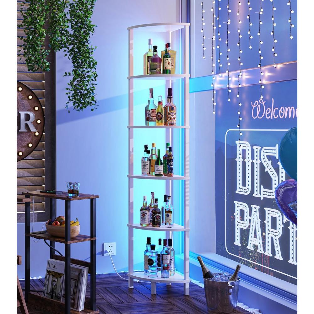 Corners Shelf with LED Light, 6-Tier Corner Bookshelf, Industrial Corner-Ladder Shelf, Modern Display Shelf for Living Room