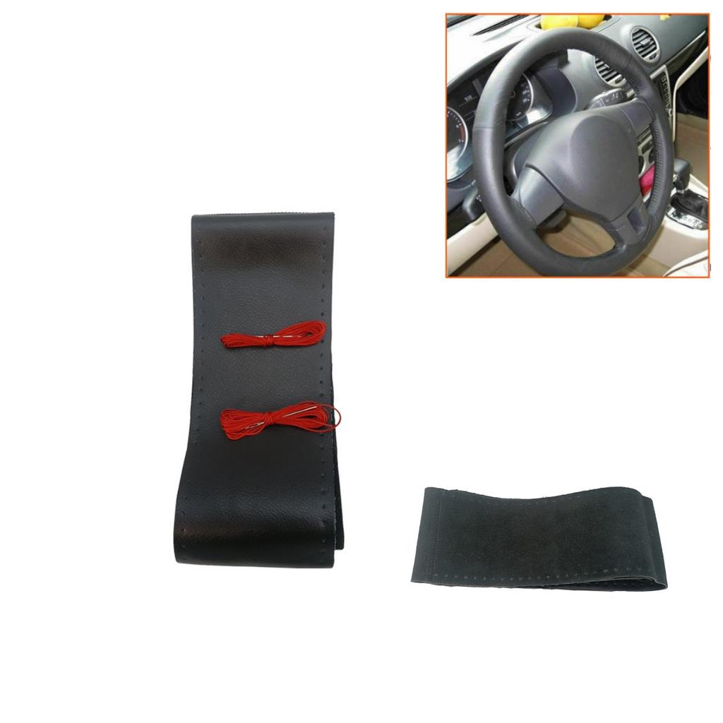 38cm Car Steering Wheel Cover Protector Black Leather Red Line DIY Hand Sewing