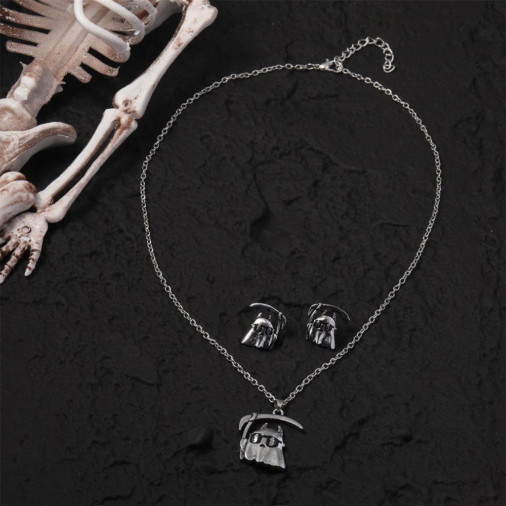 Halloween Ornaments Personalized Jewelry Set, Vintage Ghost Sickle Skeleton Bat Necklace Earrings 3-Piece Set