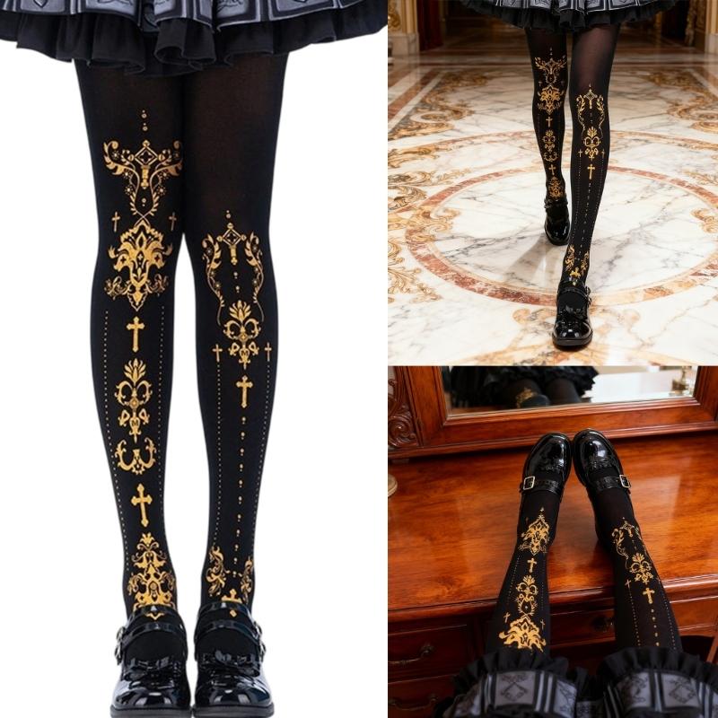Women's Japanese Gothic Grunge Pantyhose Stockings Harajuku Aesthetic Crosses Print Opaque Tights Leggings Hosiery