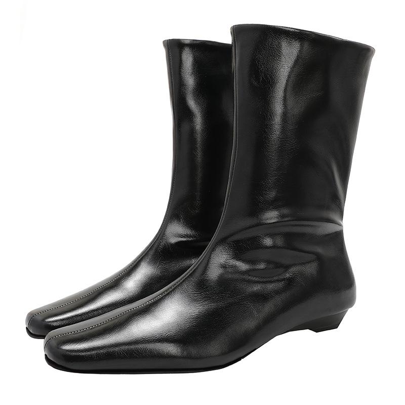 Slope Heel Small Short Boots Women's Autumn and Winter New Fashion Retro Versatile Thin Boots Small Square Head Black Naked Boots Trend