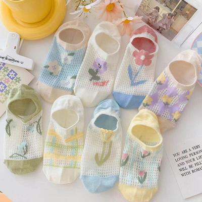 [8-Pair Set] Locomo Pastel Mesh Flower Short Socks