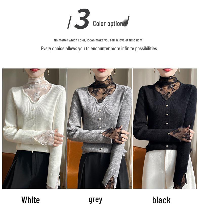 Women's Lace Patchwork Turtleneck Sweater - European & American Style for Spring/Autumn