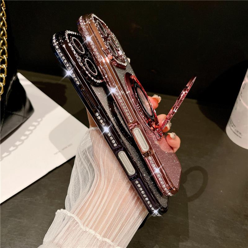 For iPhone 16 Pro Max Luxury Glitter Stand Holder Plating Flash Diamond Frame Phone Case For iPhone 11 12 13 14 15 16 Plus Cover
