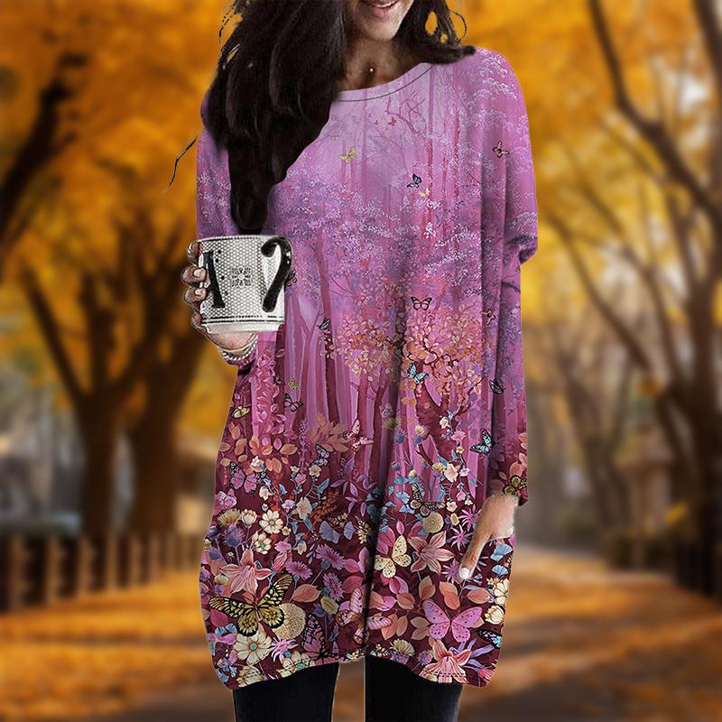 Новинка осени с принтом Blue Forest Plus Size Dress Women O neck Long Sleeves Casual — фото 4